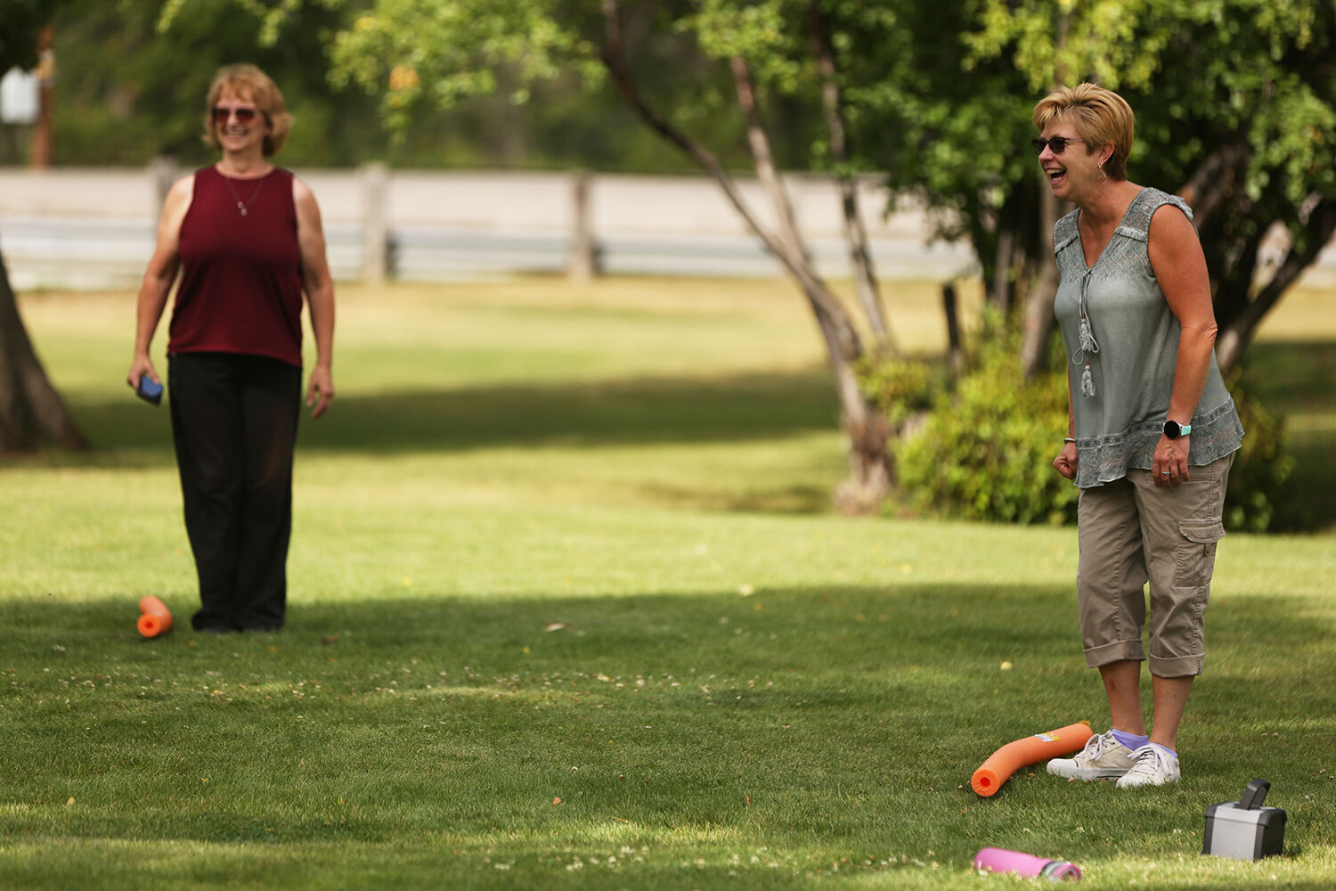 Carmen Christian laughs with the participants during one of her workout classes